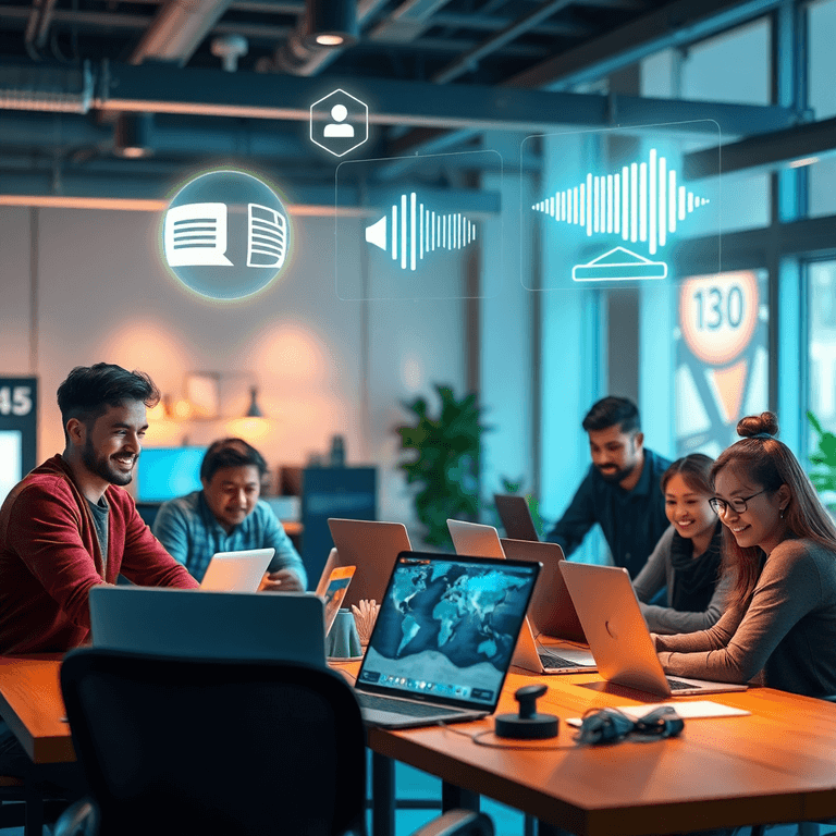 A modern workspace with creators collaborating around digital devices, surrounded by glowing icons of translation, audio waves, and connectivity.