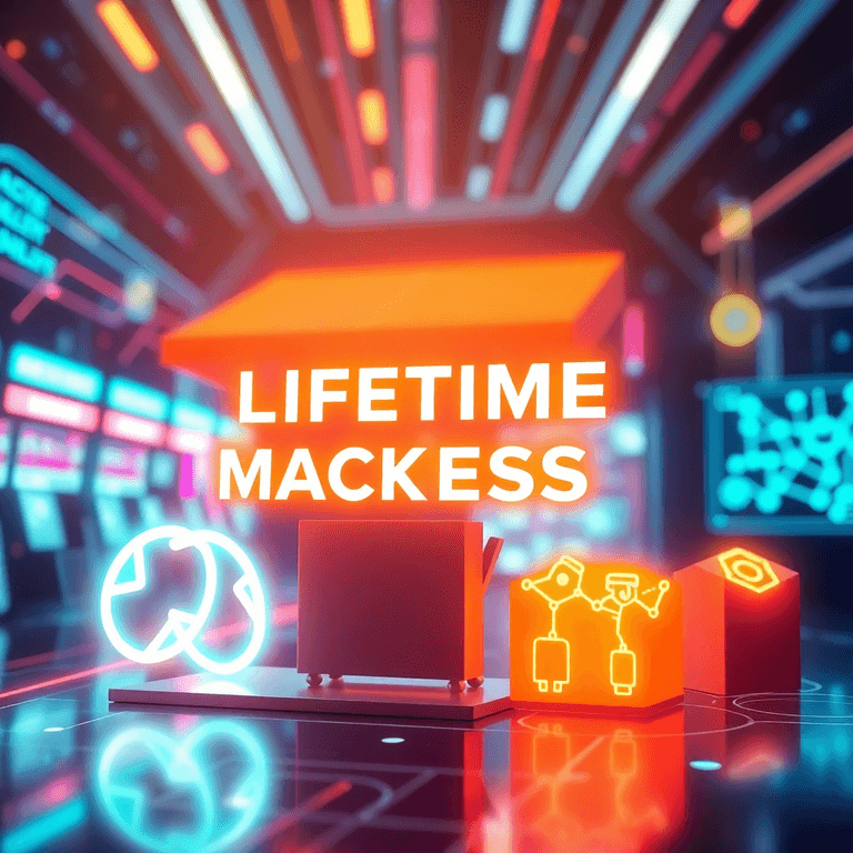 A vibrant digital marketplace with glowing abstract icons like infinite loops and connected nodes, set against a futuristic background with light trails and holographic effects.