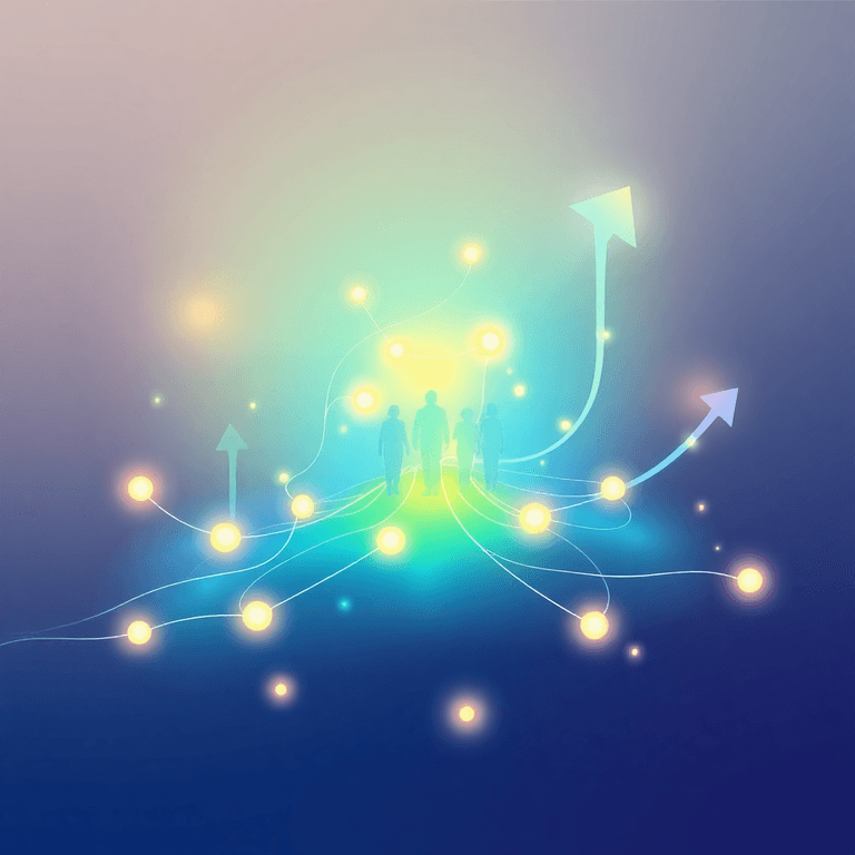 Abstract illustration of glowing interconnected nodes and flowing light streams symbolizing growth, digital activity, and progress in a startup environment.