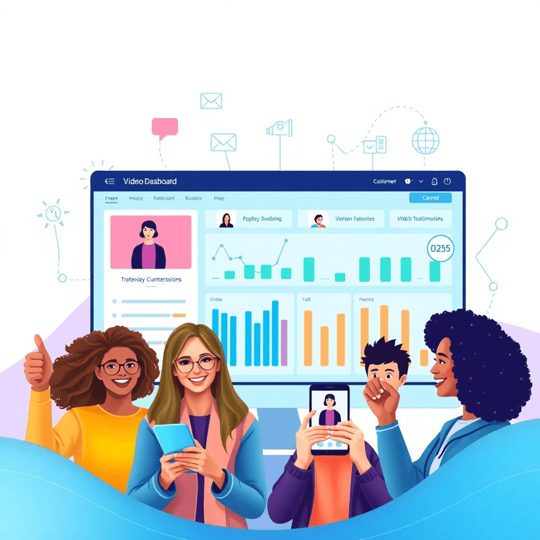 Digital dashboard with video play icons, smiling customers giving thumbs up and recording messages, surrounded by flowing lines and automation icons.