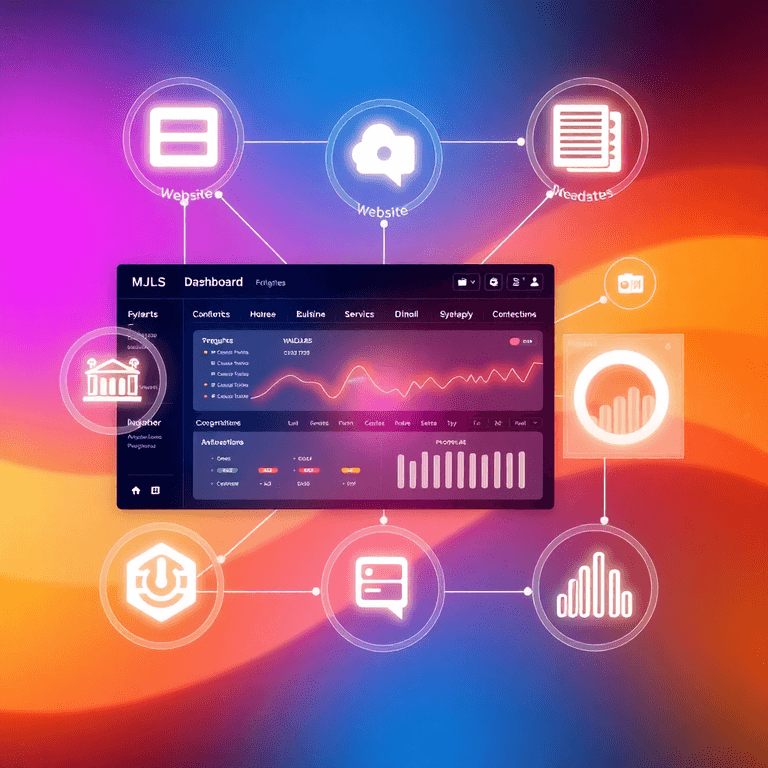 Modern digital dashboard with glowing icons for websites, languages, audio waves, and data analytics on a vibrant gradient background.