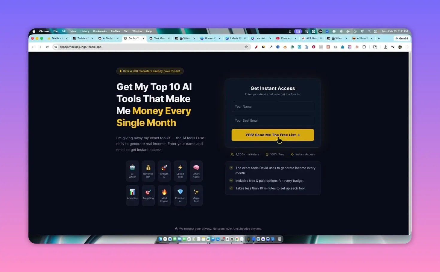 Clear screenshot of Teable lead capture page with prominent yellow signup CTA