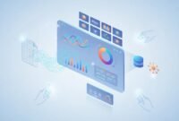 Stylized illustration of a live sales dashboard turning CSV data into charts and tables, connected to a cloud database and AI builder with thumbnail cards and a lead capture card, no text