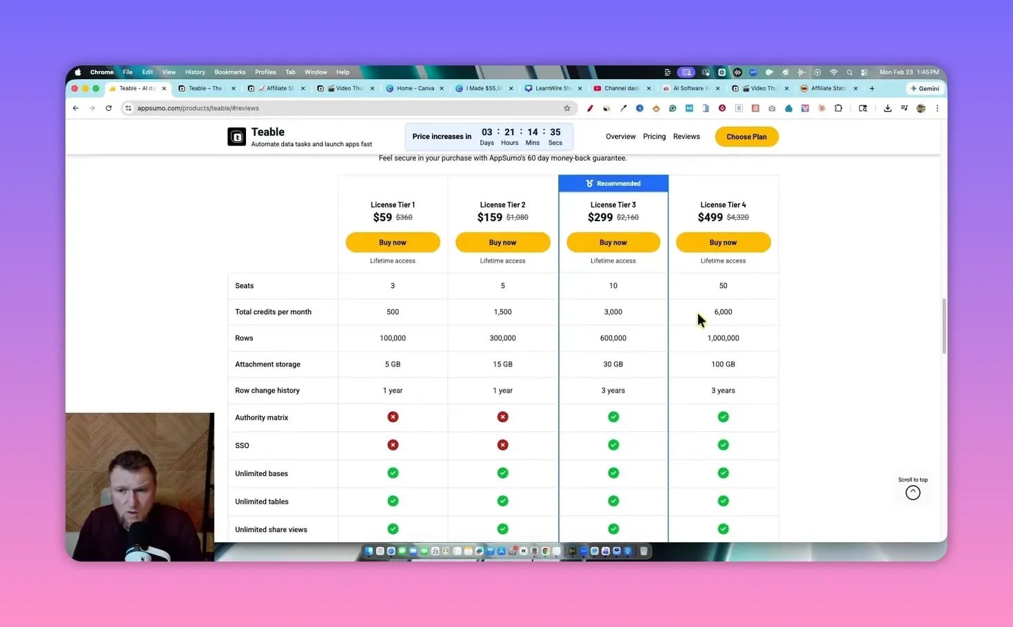 Clear screenshot of Teable pricing tiers on AppSumo with feature checklist and prices