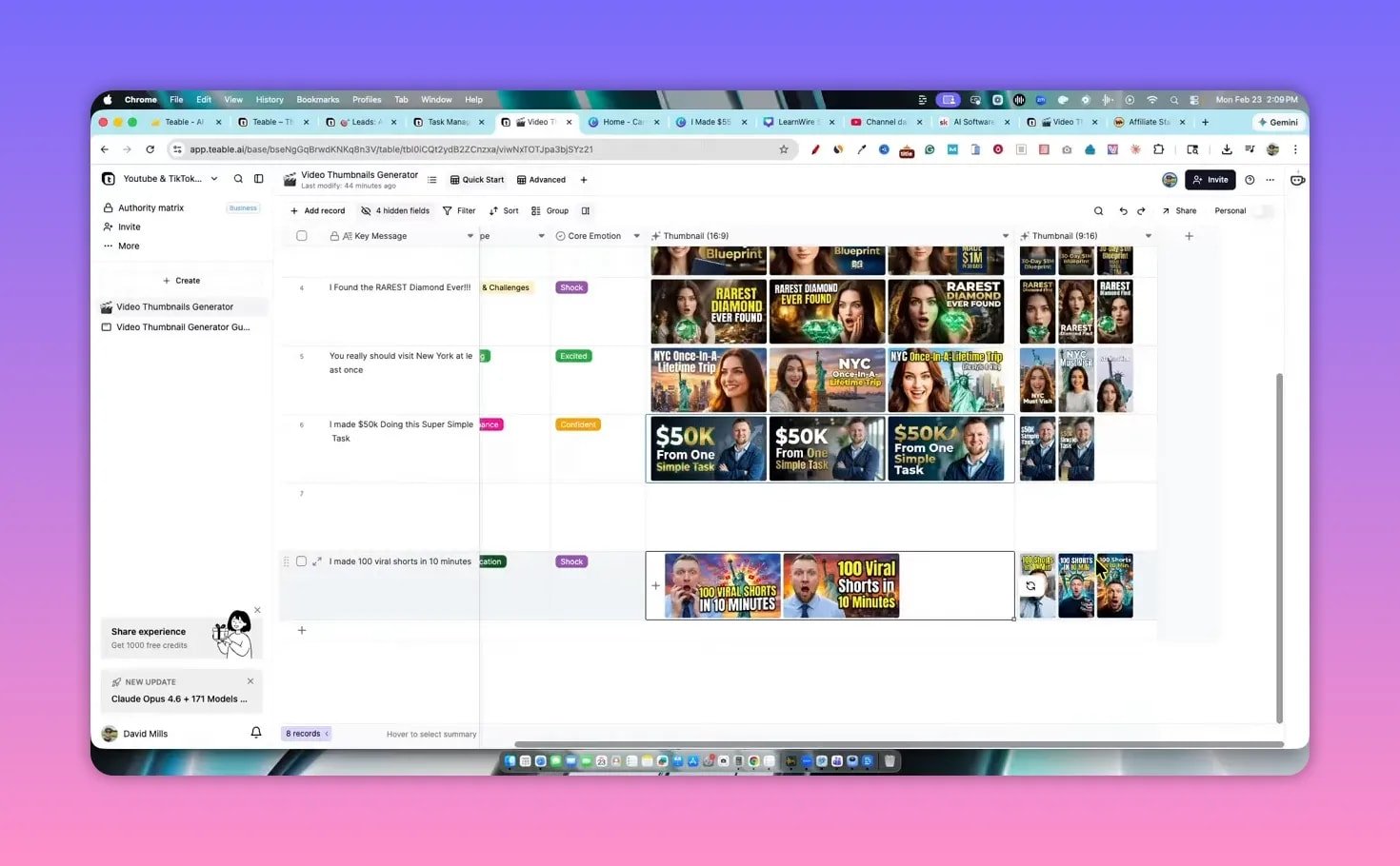 Teable thumbnail generator interface showing a grid/gallery of generated thumbnails including both 16:9 and 9:16 variants.